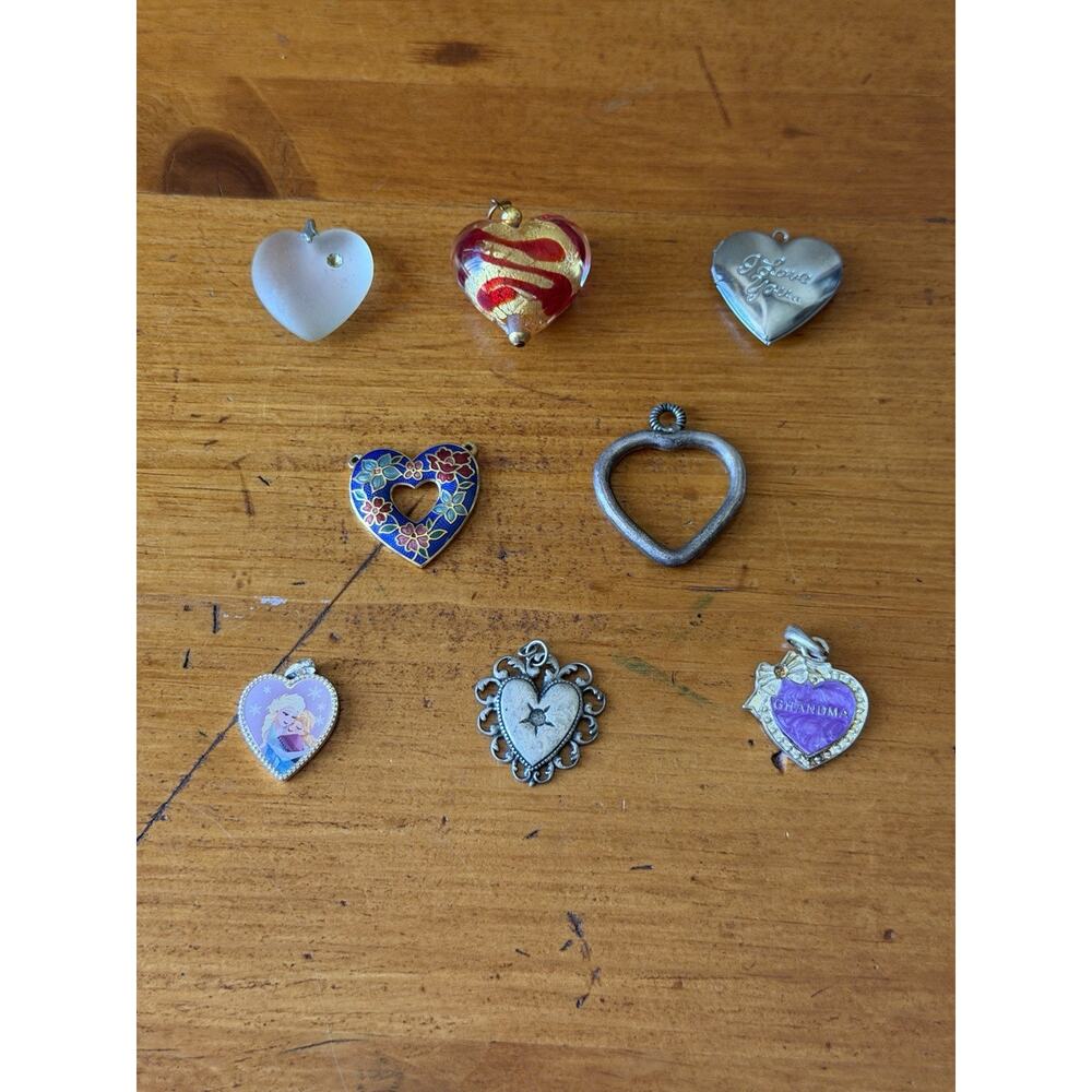 Vintage Heart Pendant Lot Cloisonné Glass Rhinestone Love Charms Grandma Mixed